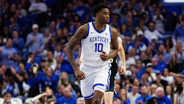 Oct 24, 2025; Lexington, KY, USA; Kentucky Wildcats forward Brandon Garrison (10) runs down the court during the first half against the Purdue Boilermakers at Rupp Arena at Central Bank Center. Mandatory Credit: Jordan Prather-Imagn Images