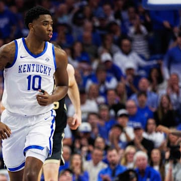 Oct 24, 2025; Lexington, KY, USA; Kentucky Wildcats forward Brandon Garrison (10) runs down the court during the first half against the Purdue Boilermakers at Rupp Arena at Central Bank Center. Mandatory Credit: Jordan Prather-Imagn Images