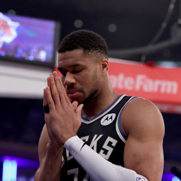 Jan 12, 2025; New York, New York, USA; Milwaukee Bucks forward Giannis Antetokounmpo (34) pauses before the start of a game against the New York Knicks at Madison Square Garden. Mandatory Credit: Brad Penner-Imagn Images