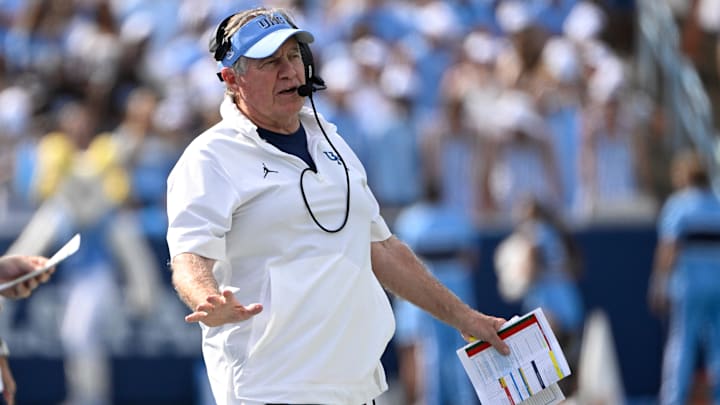 Sep 13, 2025; Chapel Hill, North Carolina, USA; North Carolina Tar Heels head coach Bill Belichick on the sidelines in the second quarter at Kenan Stadium. Mandatory Credit: Bob Donnan-Imagn Images