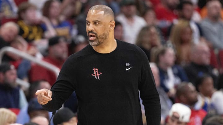 Apr 4, 2024; Houston, Texas, USA; Houston Rockets head coach Ime Udoka coaches against the Golden State Warriors in the second half at Toyota Center. Mandatory Credit: Thomas Shea-USA TODAY Sports