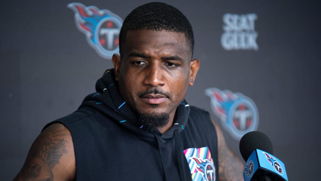 Tennessee Titans safety Quandre Diggs (26) fields questions from the media during training camp at Ascension Saint Thomas Sports Park 