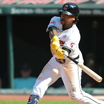 Cleveland Guardians designated hitter Jose Ramirez (11) hits a single during the fifth inning against the Tampa Bay Rays at Progressive Field on Sept 15.