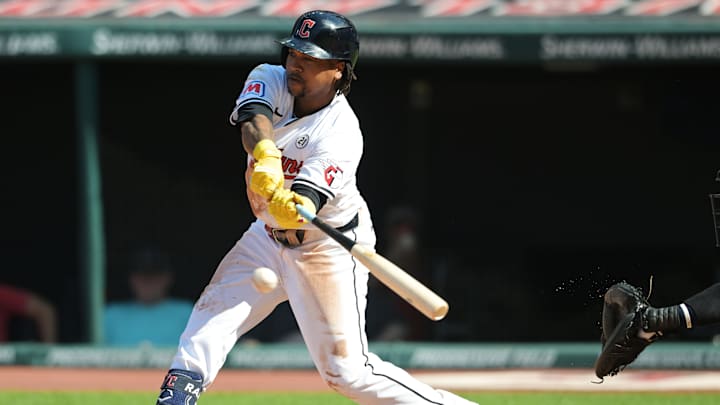 Cleveland Guardians designated hitter Jose Ramirez (11) hits a single during the fifth inning against the Tampa Bay Rays at Progressive Field on Sept 15.