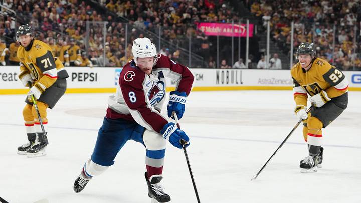 Colorado Avalanche defenseman Cale Makar (8) controls the puck  during the second period against the Vegas Golden Knights in game four of the Western Conference Final of the 2026 Stanley Cup Playoffs at T-Mobile Arena. Mandatory Credit: Stephen R. Sylvanie-Imagn Images