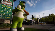 A giant inflatable Sluggo stands watch over the entrance to PK Park during the Eugene Emeralds home opener Wednesday, April 9, 2025, in Eugene, Ore.