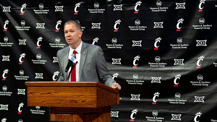 Cincinnati head coach Jerrod Calhoun speaks during a press conference announcing him as the head men's basketball coach at Fifth Third Arena in Cincinnati on Wednesday, March 25, 2026.