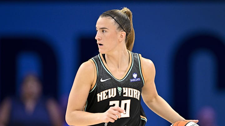 Aug 8, 2025; Arlington, Texas, USA; New York Liberty guard Sabrina Ionescu (20) in action during the game between the Dallas Wings and the New York Liberty at College Park Center. Mandatory Credit: Jerome Miron-Imagn Images