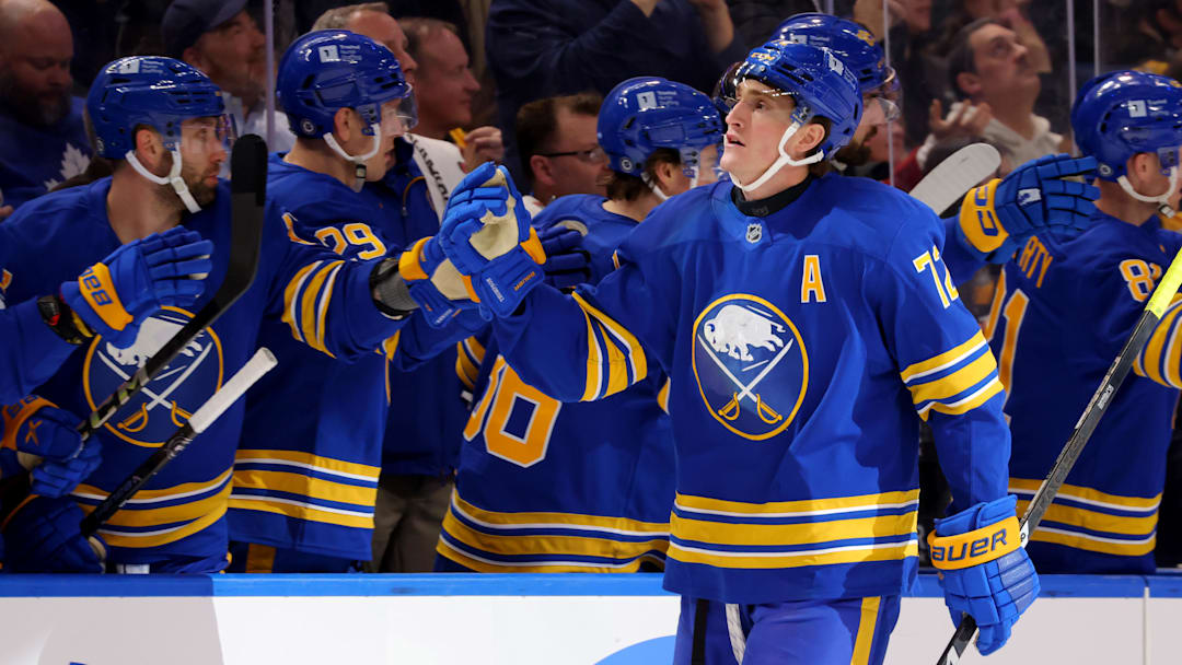 Apr 6, 2025; Buffalo, New York, USA;  Buffalo Sabres center Tage Thompson (72) celebrates his second goal of the game with teammates during the third period against the Boston Bruins at KeyBank Center. Mandatory Credit: Timothy T. Ludwig-Imagn Images