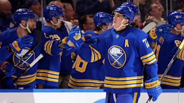 Apr 6, 2025; Buffalo, New York, USA;  Buffalo Sabres center Tage Thompson (72) celebrates his second goal of the game with teammates during the third period against the Boston Bruins at KeyBank Center. Mandatory Credit: Timothy T. Ludwig-Imagn Images