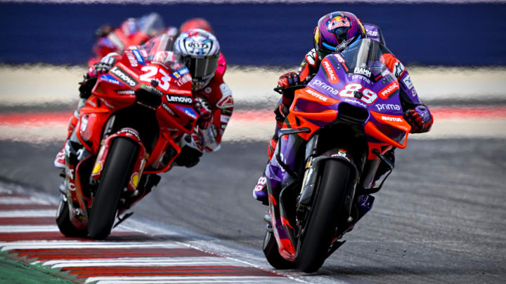 Apr 14, 2024; Austin, TX, USA; Enea Bastianini (23) of Italy and Ducati Lenovo Team and Jorge Martin (89) of Spain and Prima Pramac Racing rides during the MotoGP Grand Prix of The Americas at Circuit of The Americas. Mandatory Credit: Jerome Miron-USA TODAY Sports