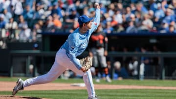 Apr 21, 2024; Kansas City, Missouri, USA; Kansas City Royals pitcher Anthony James Veneziano (69) pitching during the ninth inning against the Baltimore Orioles at Kauffman Stadium. Mandatory Credit: William Purnell-USA TODAY Sports