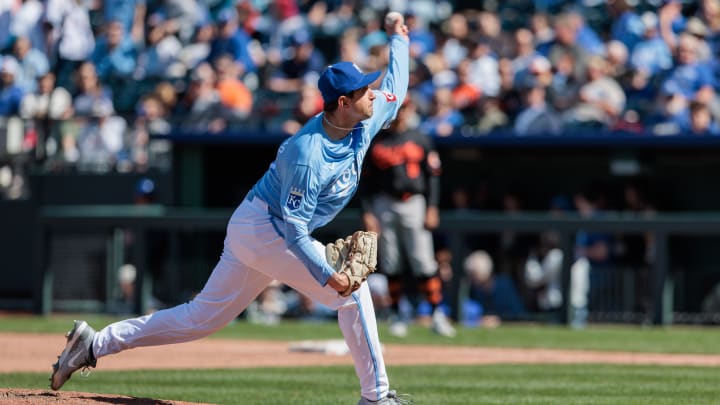 Apr 21, 2024; Kansas City, Missouri, USA; Kansas City Royals pitcher Anthony James Veneziano (69) pitching during the ninth inning against the Baltimore Orioles at Kauffman Stadium. Mandatory Credit: William Purnell-USA TODAY Sports