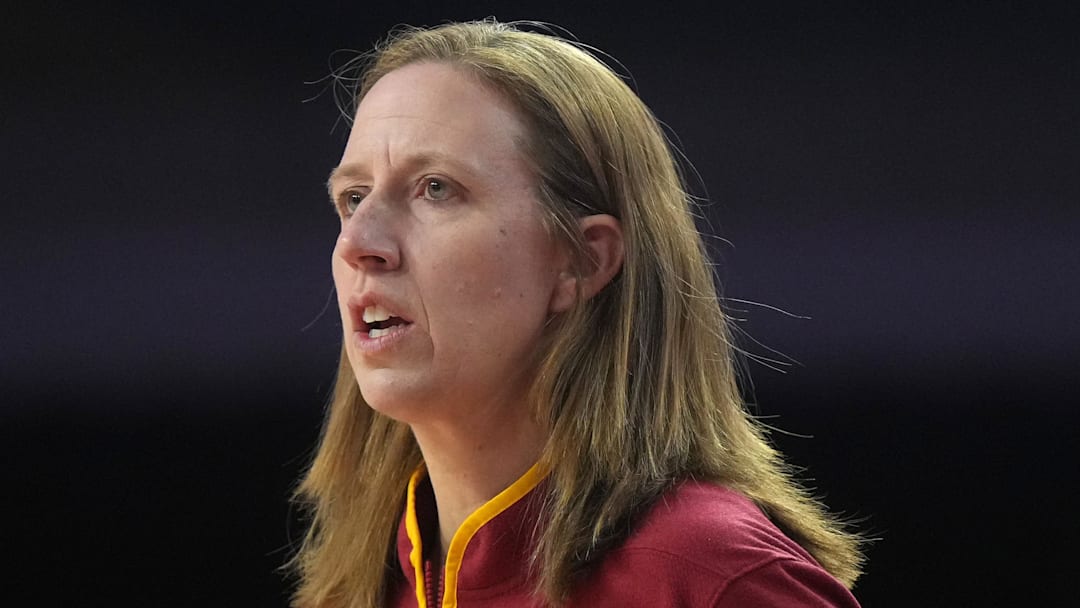 Dec 10, 2024; Los Angeles, California, USA; Southern California Trojans head coach Lindsay Gottlieb reacts in the first half against the Fresno State Bulldogs at Galen Center. USC defeated Fresno State 89-40. Mandatory Credit: Kirby Lee-Imagn Images