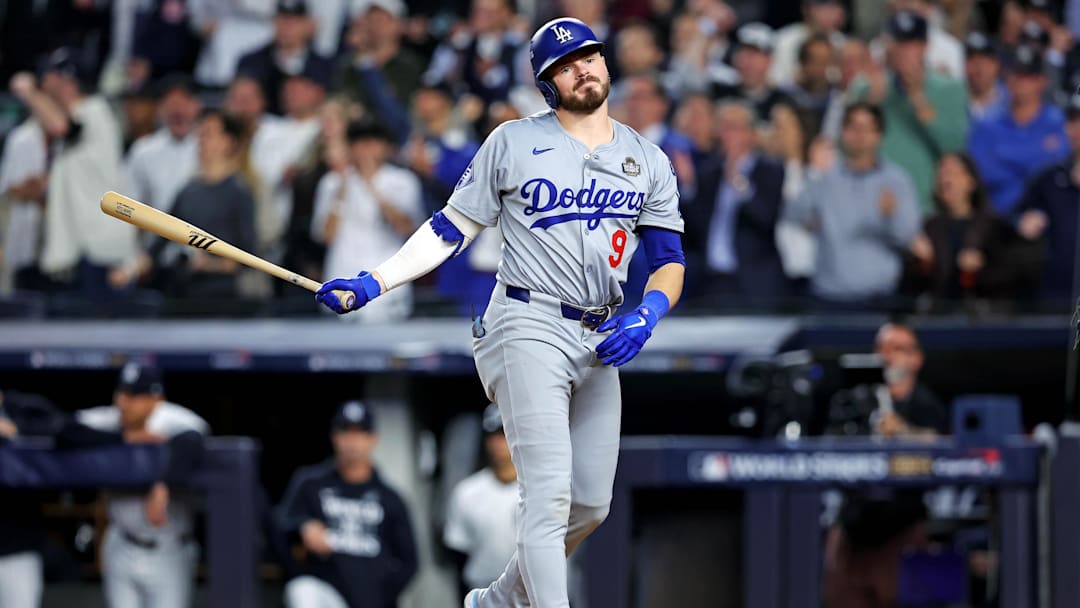 Oct 30, 2024; New York, New York, USA; Los Angeles Dodgers second baseman Gavin Lux (9) reacts to striking out during the fifth inning against the New York Yankees in game four of the 2024 MLB World Series at Yankee Stadium. Mandatory Credit: Brad Penner-Imagn Images