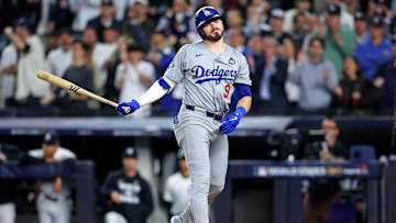 Oct 30, 2024; New York, New York, USA; Los Angeles Dodgers second baseman Gavin Lux (9) reacts to striking out during the fifth inning against the New York Yankees in game four of the 2024 MLB World Series at Yankee Stadium. Mandatory Credit: Brad Penner-Imagn Images
