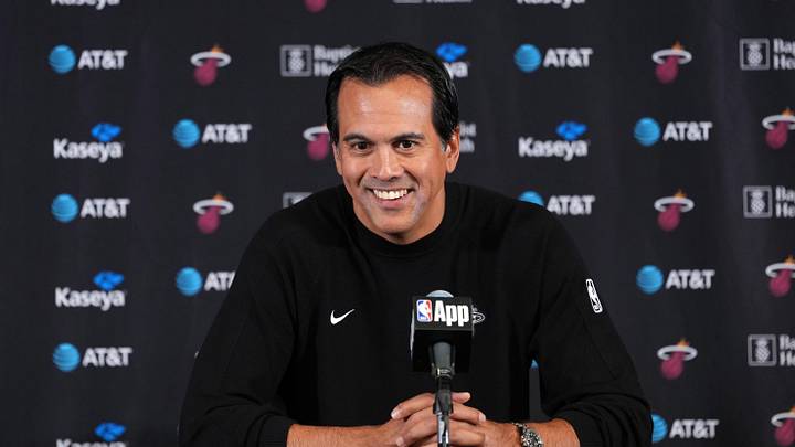 Nov 3, 2025; Inglewood, California, USA; Miami Heat head coach Erik Spoelstra at press conference at the Intuit Dome. Mandatory Credit: Kirby Lee-Imagn Images