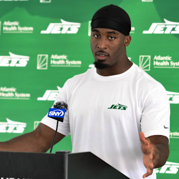 Jul 25, 2024; Florham Park, NJ, USA; New York Jets running back Breece Hall (20) speaks to the media after training camp at Atlantic Health Jets Training Center. 