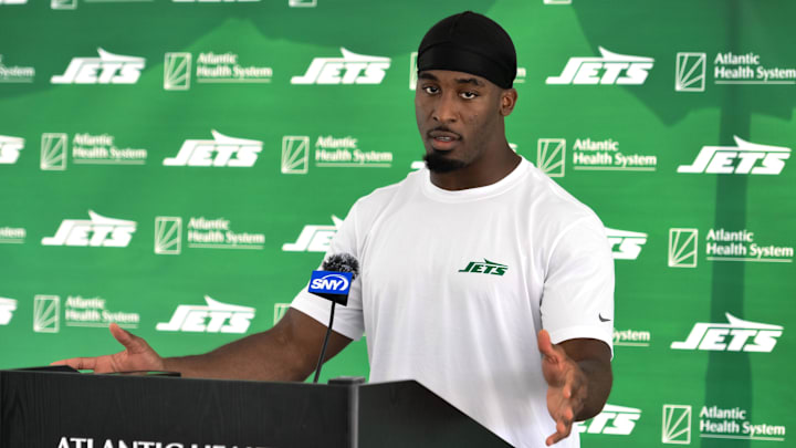 Jul 25, 2024; Florham Park, NJ, USA; New York Jets running back Breece Hall (20) speaks to the media after training camp at Atlantic Health Jets Training Center. 