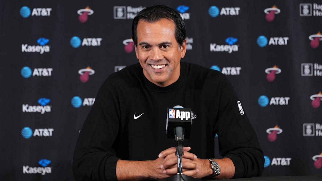 Nov 3, 2025; Inglewood, California, USA; Miami Heat head coach Erik Spoelstra at press conference at the Intuit Dome. Mandatory Credit: Kirby Lee-Imagn Images