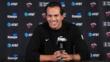 Nov 3, 2025; Inglewood, California, USA; Miami Heat head coach Erik Spoelstra at press conference at the Intuit Dome. Mandatory Credit: Kirby Lee-Imagn Images