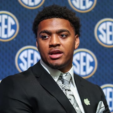 Jul 15, 2025; Atlanta, GA, USA; Auburn Tigers defensive lineman Keldric Faulk answers questions from the media during SEC Media Days at Omni Atlanta Hotel. Mandatory Credit: Jordan Godfree-Imagn Images