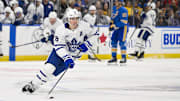 Nov 2, 2024; St. Louis, Missouri, USA;  Toronto Maple Leafs right wing Mitch Marner (16) controls the puck against the St. Louis Blues during the first period at Enterprise Center. Mandatory Credit: Jeff Curry-Imagn Images