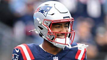 Aug 15, 2024; Foxborough, Massachusetts, USA; New England Patriots wide receiver Ja'Lynn Polk (1) walks onto the field before a game against the Philadelphia Eagles at Gillette Stadium. Mandatory Credit: Brian Fluharty-Imagn Images