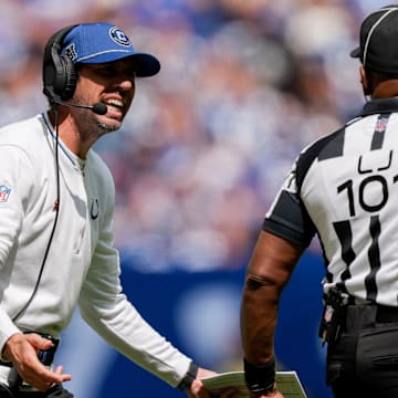 Indianapolis Colts head coach Shane Steichen reacts to an official’s call Sunday, Sept. 8, 2024, during a game against the Houston Texans at Lucas Oil Stadium in Indianapolis.