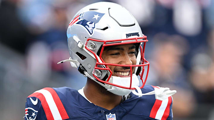 Aug 15, 2024; Foxborough, Massachusetts, USA; New England Patriots wide receiver Ja'Lynn Polk (1) walks onto the field before a game against the Philadelphia Eagles at Gillette Stadium. Mandatory Credit: Brian Fluharty-Imagn Images