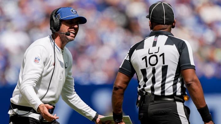 Indianapolis Colts head coach Shane Steichen reacts to an official’s call Sunday, Sept. 8, 2024, during a game against the Houston Texans at Lucas Oil Stadium in Indianapolis.