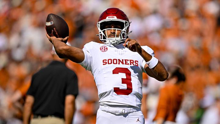 Oct 11, 2025; Dallas, Texas, USA; Oklahoma Sooners quarterback Michael Hawkins Jr. (3) warms up before the game against the Texas Longhorns at Cotton Bowl. Mandatory Credit: Jerome Miron-Imagn Images