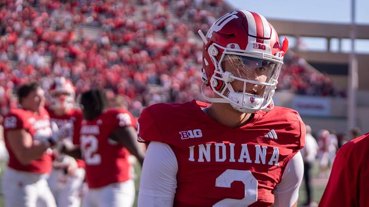 Oct 26, 2024; Bloomington, Indiana, USA; Indiana Hoosiers quarterback Tayven Jackson (2) walks to the locker room after beating the Washington Huskies at Memorial Stadium. Mandatory Credit: Jacob Musselman-Imagn Images