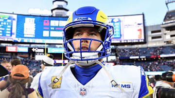 Nov 17, 2024; Foxborough, Massachusetts, USA; Los Angeles Rams quarterback Matthew Stafford (9) walks off of the field after a game against the New England Patriots at Gillette Stadium. Mandatory Credit: Brian Fluharty-Imagn Images