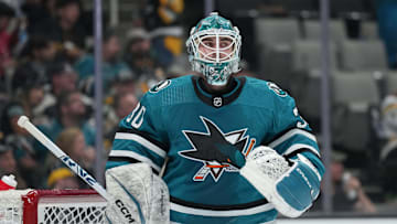 Nov 4, 2023; San Jose, California, USA; San Jose Sharks goaltender Magnus Chrona (30) during the third period against the Pittsburgh Penguins at SAP Center at San Jose. Mandatory Credit: Darren Yamashita-USA TODAY Sports
