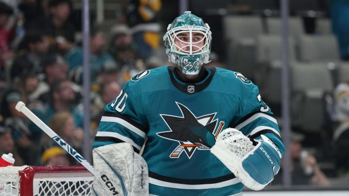 Nov 4, 2023; San Jose, California, USA; San Jose Sharks goaltender Magnus Chrona (30) during the third period against the Pittsburgh Penguins at SAP Center at San Jose. Mandatory Credit: Darren Yamashita-USA TODAY Sports