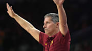 Jan 27, 2025; Los Angeles, California, USA; Southern California Trojans head coach Eric Musselman reacts against the UCLA Bruins in the first half at Galen Center. Mandatory Credit: Kirby Lee-Imagn Images