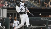 Jul 12, 2024; Chicago, Illinois, USA;  Chicago White Sox outfielder Luis Robert Jr. (88) hits an RBI single against the Pittsburgh Pirates during the third inning at Guaranteed Rate Field. Mandatory Credit: Matt Marton-USA TODAY Sports