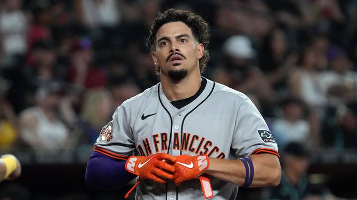 Phoenix, Arizona, USA; San Francisco Giants shortstop Willy Adames reacts after striking out against the Arizona Diamondbacks in the eleventh inning at Chase Field. Mandatory Credit: Rick Scuteri-Imagn Images
