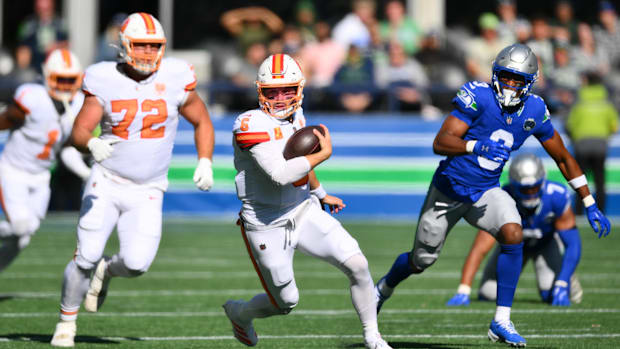Tampa Bay Buccaneers quarterback Baker Mayfield (6) scrambles against the Seattle Seahawks.