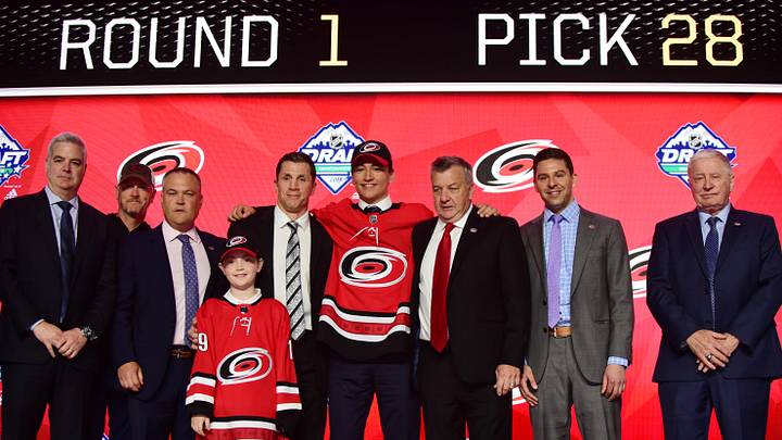 Jun 21, 2019; Vancouver, BC, Canada;  Ryan Suzuki after being selected as the number twenty-eight overall pick to the Carolina Hurricanes in the first round of the 2019 NHL Draft at Rogers Arena. Mandatory Credit: Anne-Marie Sorvin-Imagn Images