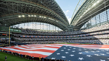 Oct 4, 2025; Milwaukee, Wisconsin, USA; A general view during the national anthem before game one of the NLDS round for the 2025 MLB playoffs between the Chicago Cubs and Milwaukee Brewers at American Family Field. Mandatory Credit: Mark Hoffman-USA TODAY Network via Imagn Images