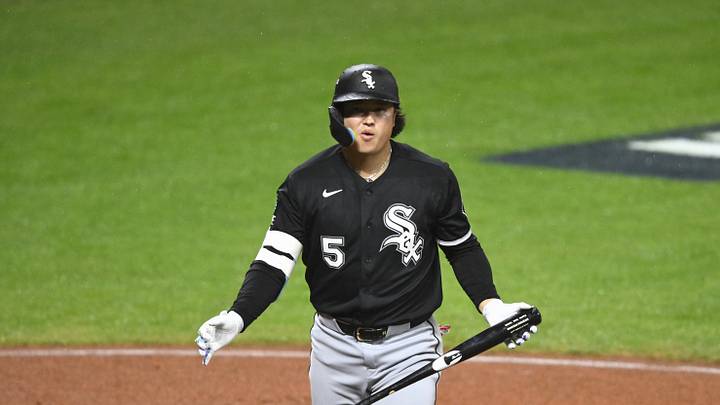 Oct 10, 2026; Cleveland, Ohio, USA;  Chicago White Sox first baseman Munetaka Murakami (5) reacts after striking out during the fourth inning against the Cleveland Guardians in game five of the ALDS for the 2026 MLB Playoffs at Progressive Field.  Mandatory Credit: David Richard-Imagn Images