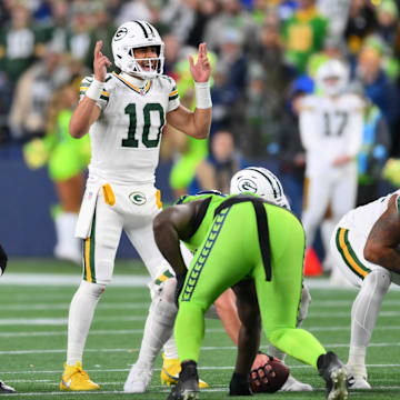 Dec 15, 2024; Seattle, Washington, USA; Green Bay Packers quarterback Jordan Love (10) during the second half against the Seattle Seahawks at Lumen Field. Mandatory Credit: Steven Bisig-Imagn Images