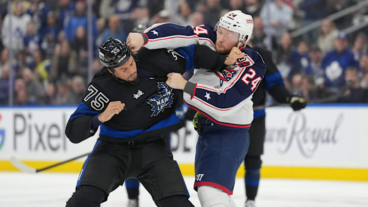Jan 22, 2025; Toronto, Ontario, CAN; Toronto Maple Leafs right wing Ryan Reaves (75) fights with Columbus Blue Jackets right wing Mathieu Olivier (24) during the first period at Scotiabank Arena. Mandatory Credit: Nick Turchiaro-Imagn Images Jan 22, 2025; Toronto, Ontario, CAN; Toronto Maple Leafs right wing Ryan Reaves (75) fights with Columbus Blue Jackets right wing Mathieu Olivier (24) during the first period at Scotiabank Arena. Mandatory Credit: Nick Turchiaro-Imagn Images