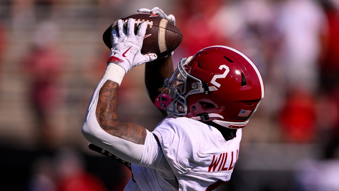 Oct 5, 2024; Nashville, Tennessee, USA;  Alabama Crimson Tide wide receiver Ryan Williams (2) makes a catch during warmups against the Vanderbilt Commodores at FirstBank Stadium. Mandatory Credit: Steve Roberts-Imagn Images