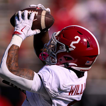 Oct 5, 2024; Nashville, Tennessee, USA;  Alabama Crimson Tide wide receiver Ryan Williams (2) makes a catch during warmups against the Vanderbilt Commodores at FirstBank Stadium. Mandatory Credit: Steve Roberts-Imagn Images
