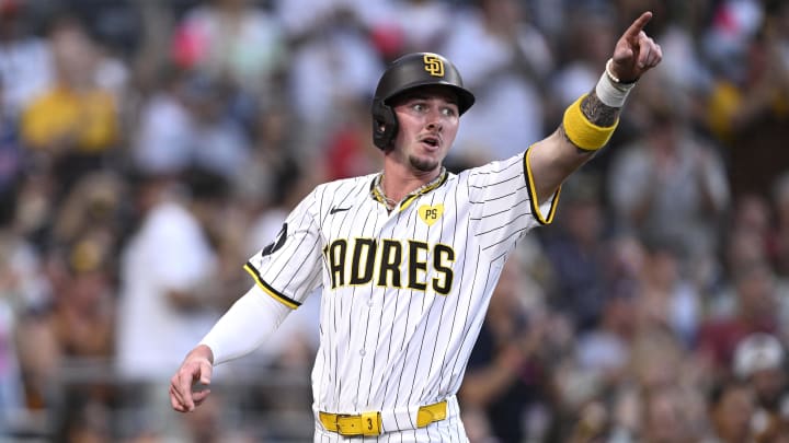 San Diego Padres center fielder Jackson Merrill (3) gestures after scoring a run against the Minnesota Twins during the second inning at Petco Park on Aug 20.