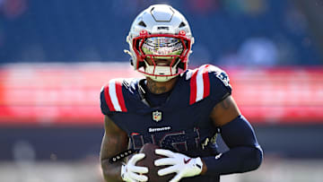 Oct 6, 2024; Foxborough, Massachusetts, USA;  New England Patriots wide receiver Kendrick Bourne (84) runs with the ball before a game against the Miami Dolphins at Gillette Stadium. Mandatory Credit: Brian Fluharty-Imagn Images