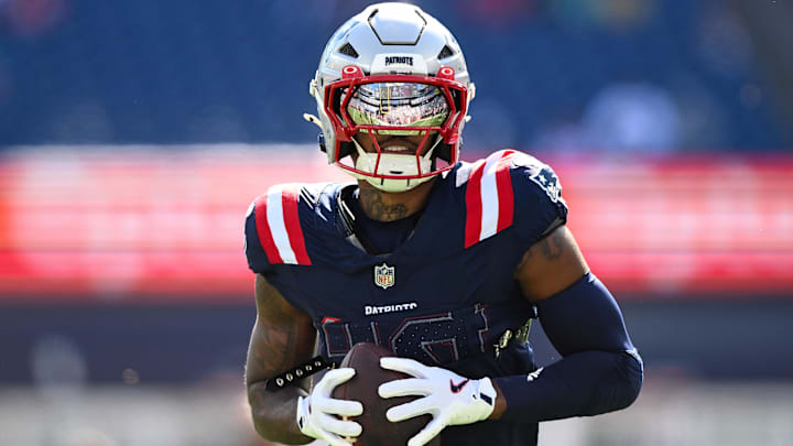 Oct 6, 2024; Foxborough, Massachusetts, USA;  New England Patriots wide receiver Kendrick Bourne (84) runs with the ball before a game against the Miami Dolphins at Gillette Stadium. Mandatory Credit: Brian Fluharty-Imagn Images